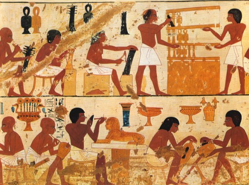 Ancient Egyptian wall painting showing different social classes from pharaoh to farmers and craftsmen in daily life