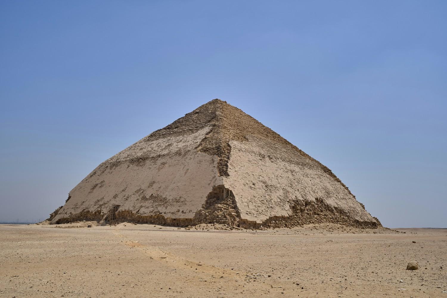 The second largest pyramid at Giza with remaining limestone casing at the top, showing the original smooth surface construction