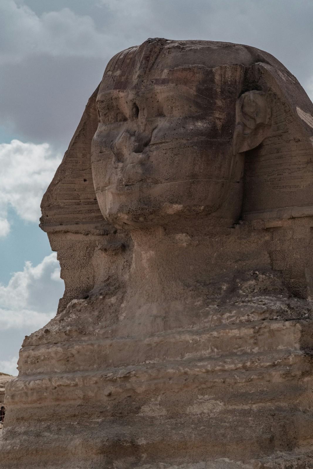 Detailed view of the Great Sphinx showing the carved lion body and human head with weathered limestone features and ancient craftsmanship
